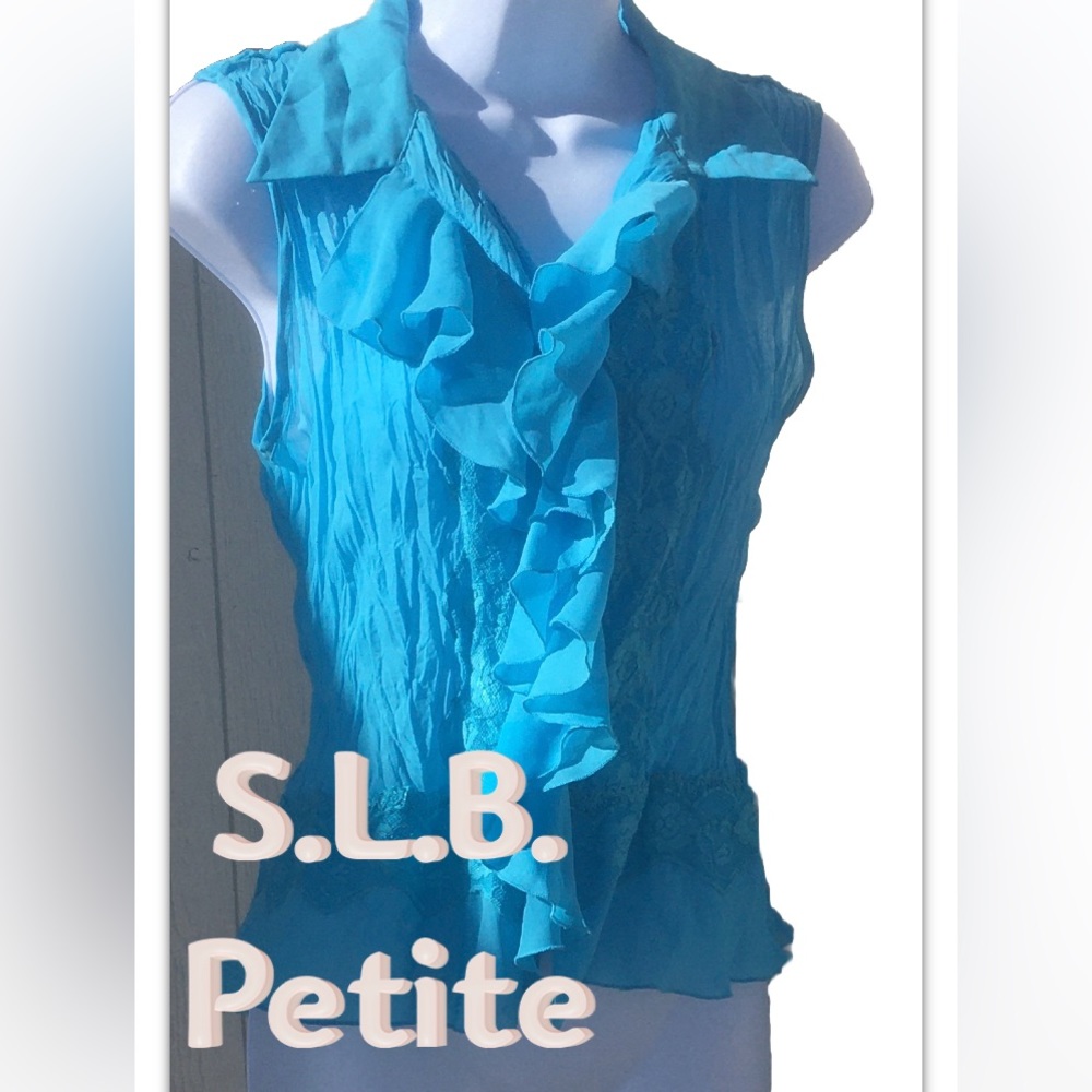 S.L.B. Petite Blue Crinkle Ruffled Sleeveless Tank Top Womens PM Petite Medium